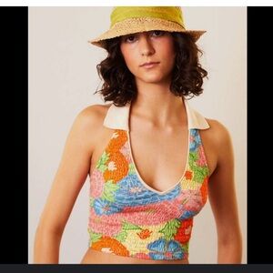 Zara Floral Halter Crop Top w/ Collar Size S